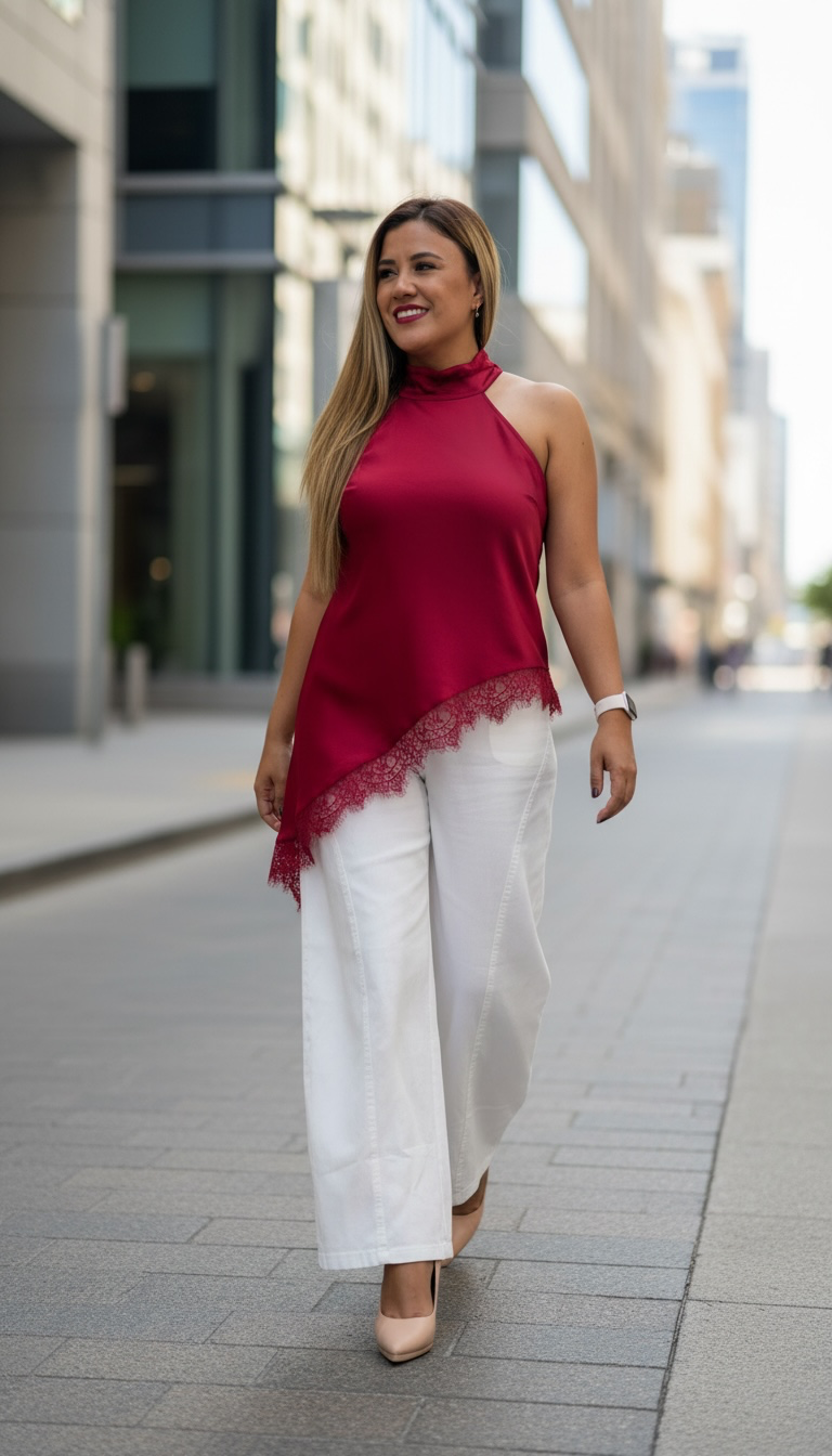 Blusa Guinda Cuello Halter Satinada con Aplicación de Encaje Asimétrico